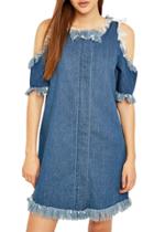 Oasap Women Chic Frayed Trim Open Shoulder Loose Fit Denim Dress
