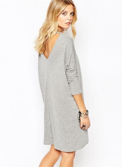 Oasap Casual Long Sleeve Backless Loose Fit Tee Dress