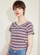 Oasap V Neck Short Sleeve Striped Pullover Tee