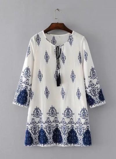 Oasap Long Sleeve Blue-and-white Print Blouse With Tassel