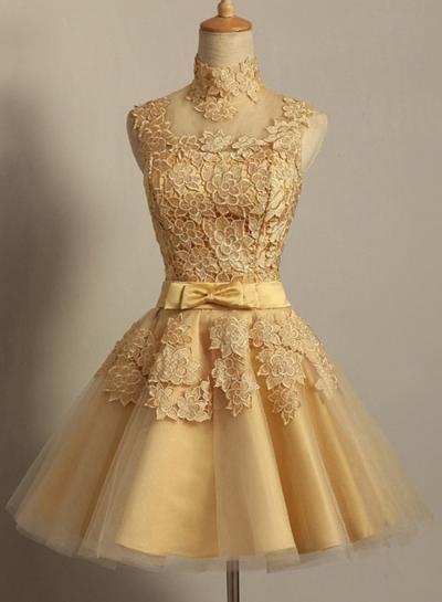 Oasap Floral Lace Mock Neck A-line Cocktail Wedding Dress