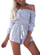 Oasap Women's Off-shoulder Drawstring Waist Vertical Stripe Romper