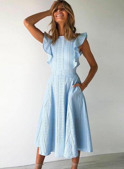 Oasap Fashion Solid Irregular Lace Sleeveless Round Neck Dress With Zip