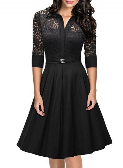 Oasap Turn Down Collar Three Quarter Length Sleeve Lace Dress