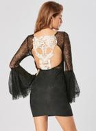 Oasap Flare Sleeve Backless Lace Bodycon Mini Dress