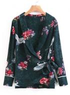 Oasap Deep V Neck Long Sleeve Floral Printed Blouse With Belt