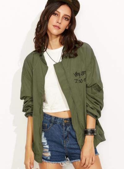 Oasap Women's Letter Embroidery Print Zip Front Jacket