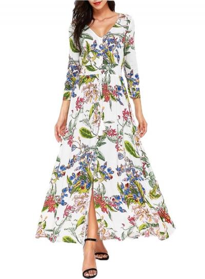 Oasap Boho V Neck Long Sleeve Floral Maxi Dress