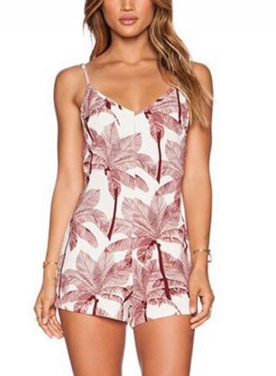 Oasap Spaghetti Strap Backless Palm Tree Printed Romper