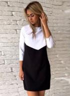 Oasap Round Neck Three Quarter Length Color Block Dress