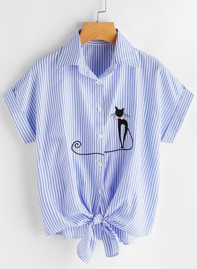 Oasap Fashion Cat Embroidered Stripe Button Down Shirt