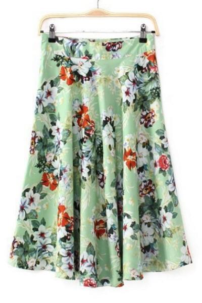 Oasap Green Floral Skirt