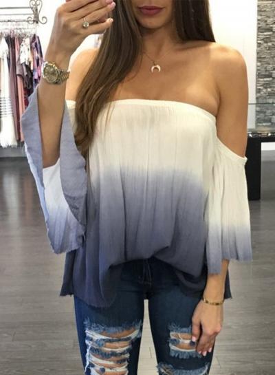 Oasap Off Shoulder Flare Sleeve Gradient Color Loose Blouse