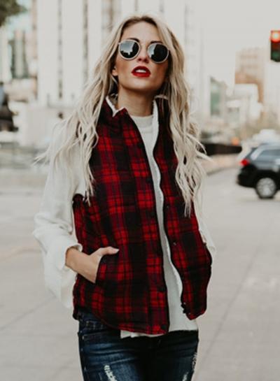 Oasap Stand Collar Button Down Cotton Padded Plaid Vest