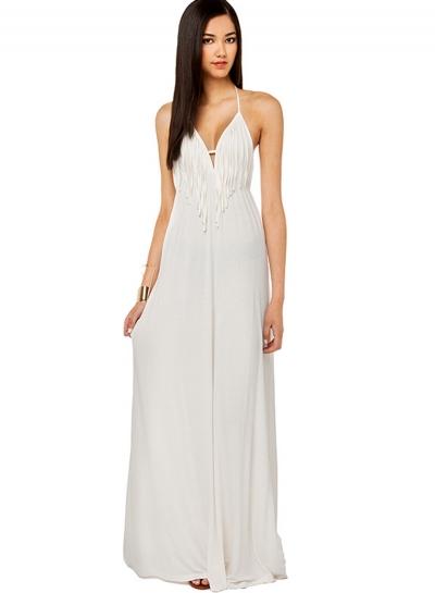 Oasap White Tassel Backless Maxi Dress
