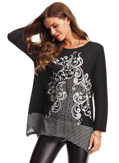 Oasap Round Neck Long Sleeve Striped Hem Print Tee Shirt