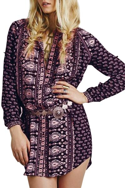 Oasap Women National Wind Print Band Collar Button Front Dress
