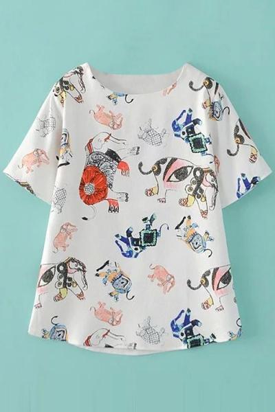 Oasap Vintage Elepant Print Short Sleeve Knit Tee