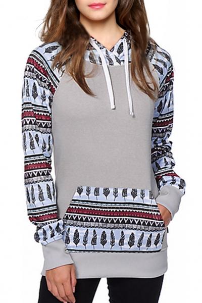 Oasap Geo-print Kangaroo Pocket Drawstring Hoooded Sweatshirt