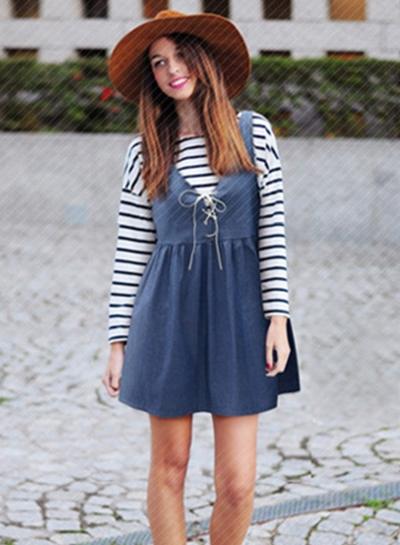 Oasap V Neck Sleeveless Lace-up Mini Denim Dress