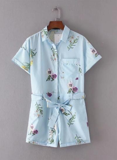 Oasap Floral Print Tie Waist Striped Romper