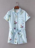 Oasap Floral Print Tie Waist Striped Romper