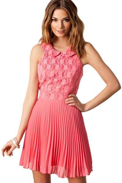 Oasap Pink Flower Lace Pleated Chiffon Evening Dress