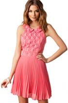 Oasap Pink Flower Lace Pleated Chiffon Evening Dress