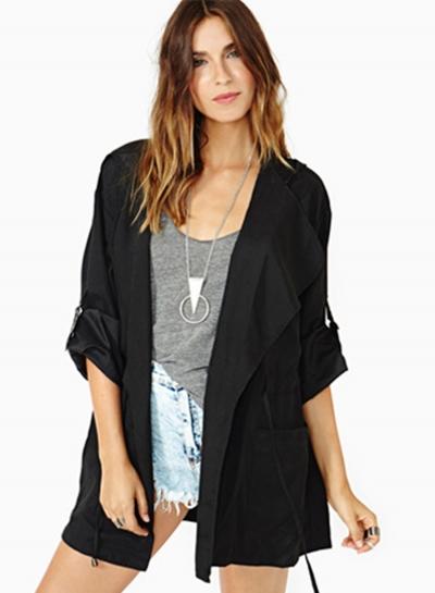 Oasap Solid Color Cargo Pockets Hooded Coat