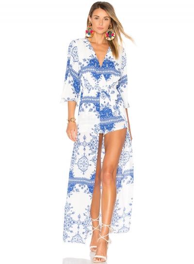 Oasap Deep V Neck Asymmetric Floral Printed Dresses