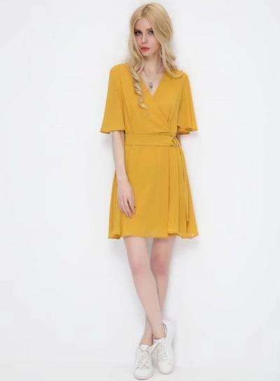 Oasap Solid V Neck Flare Sleeve Dress With Belt