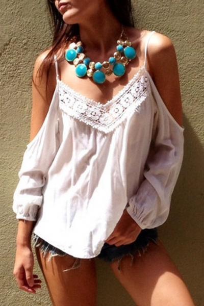 Oasap Sweet Cutout Shoulder White Blouse