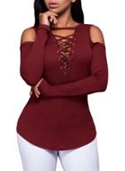 Oasap Off Shoulder Lace-up Long Sleeve Slim Fit Tee