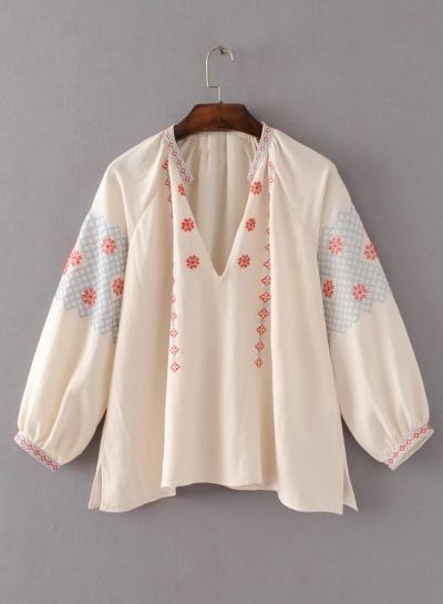 Oasap V Neck Lantern Sleeve Embroidery Blouse