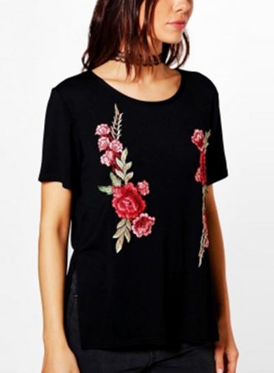 Oasap Floral Embroidery Side Slit Short Sleeve Tee