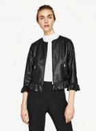 Oasap Fashion Long Sleeve Ruffle Hem Full Zip Pu Jacket