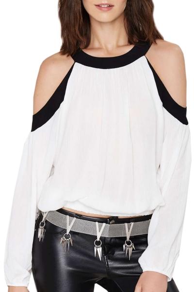 Oasap Fashion Color Block Open Shoulder Backless Chiffon Blouse