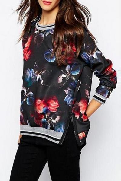Oasap Stylish Floral Printed Zipper Decoration Sweatshirt