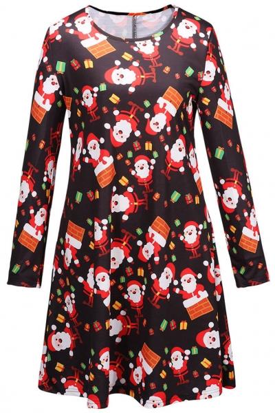 Oasap Fashion Round Neck Cartoon Santa Claus Pattern Mini Dress