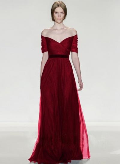 Oasap V Neck Off Shoulder Short Sleeve Solid Maxi Prom Dress