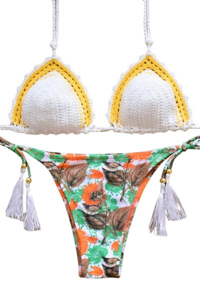 Oasap Hot Crochet Floral Print Side Tie Two Piece Swimsuit