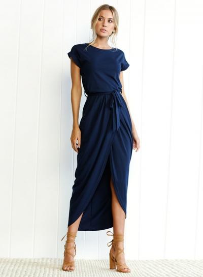 Oasap Elegant Solid Color Round Neck Short Sleeve Irregular Maxi Dress
