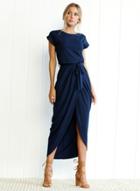 Oasap Elegant Solid Color Round Neck Short Sleeve Irregular Maxi Dress