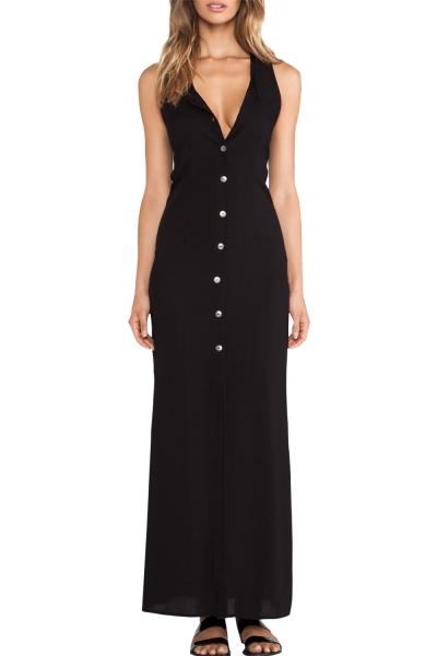 Oasap Women Black Single Breasted Button Front V Neck Slim Fit Dress