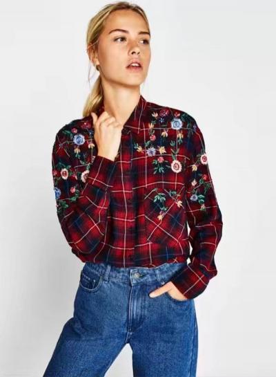 Oasap Fashion Plaid Floral Embroidery Button Down Shirt