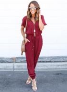 Oasap V Neck Short Sleeve Drawstring Waist Chiffon Jumpsuit