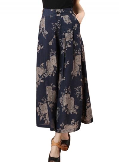 Oasap Women Casual High Waist Floral Printing Ninth Wide-leg Pants