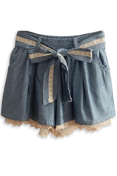 Oasap Sweet Lace Hem Denim Shorts