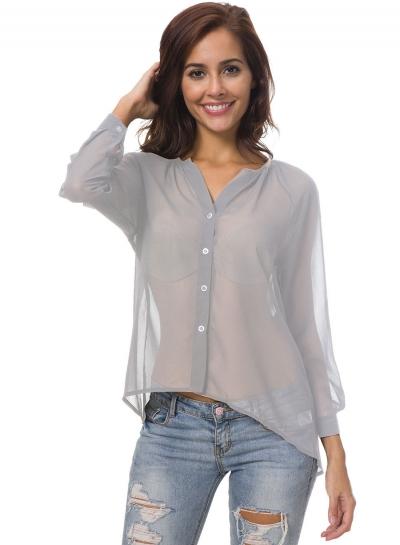 Oasap Collarless Long Sleeve Chiffon Shirt