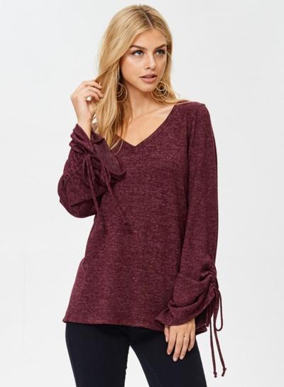 Oasap V Neck Drawstring Waist Loose Fit Knit Tee